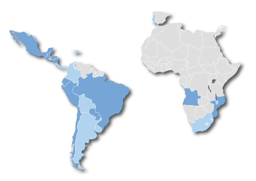 a imagem mostra que a argus solutions está nos continentes da américa central e américa do sul mostrando em azul onde a argus está localizada e em cinza onde ainda não está